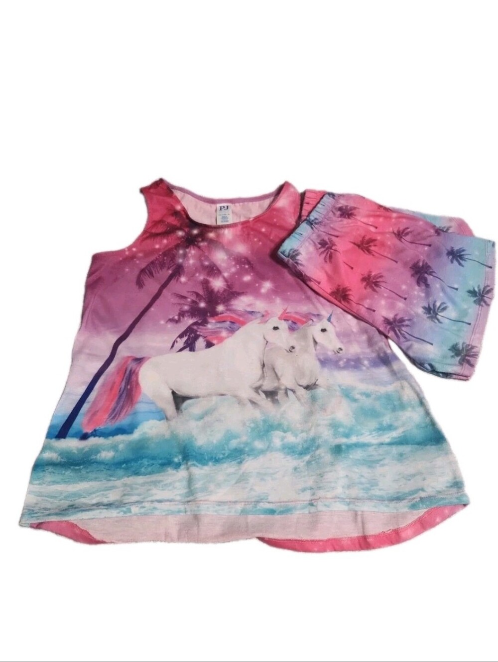 2x XXL 16 Girls Pj Place Unicorn Set Tank Shorts Rainbow Beach Palm Tree Glitter